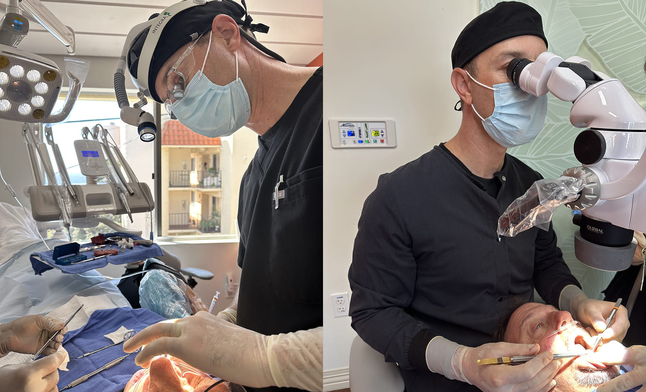 Dr Stephen Hutton DMD performing advanced periodontal microsurgery and esthetic oral plastic surgery procedures using precision surgical techniques in La Jolla